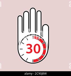 raised, open hand with a watch on it. Time for rest or break, pause. 30 minutes or seconds. Flat design. Stock Vector