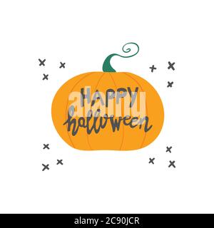 Happy Halloween. Handwritten lettering on orange pumpkin with doodle black cross elements. Isolated on white background. Vector stock illustration. Stock Vector
