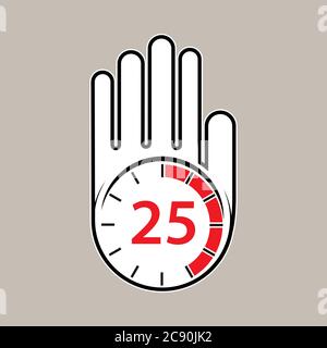 raised, open hand with a watch on it. Time for rest or break, pause. 25 minutes or seconds. Flat design. Stock Vector