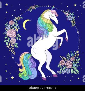 Unicorn in the starry night sky among the flowers. Composition in a circle. Drawn by hands. Suitable for posters, prints, postcards. Vector illustrati Stock Vector