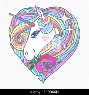 Beautiful unicorn with a rainbow mane and a rose. Stylized in the shape of a heart. For the design of prints, posters, tattoos and so on. Vector illus Stock Vector