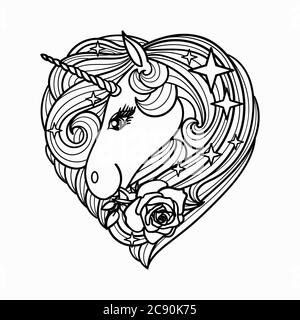 Cartoon Unicorn with a rose. Stylized in the shape of a heart. Hand drawn line illustration. For tattoo design, coloring, prints, posters. Vector Stock Vector