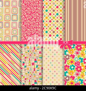 Collection of 8 vintage colorful geometric and flower seamless patterns. Vintage decorative elements. Vector illustration Stock Vector