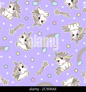 Seamless pattern with cute unicorns, stars, rainbow on the purple background. For children's design wallpaper, fabric, wrapping paper. Vector Stock Vector
