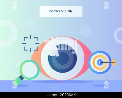 Focus vision concept retina eye nearby lupe arrow shot on target with flat style Stock Vector