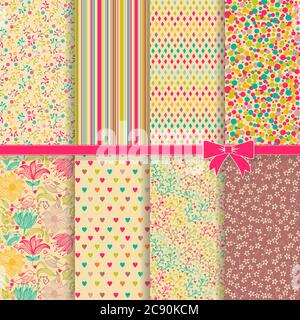Collection of 8 vintage colorful geometric and flower seamless patterns. Vintage decorative elements. Vector illustration Stock Vector