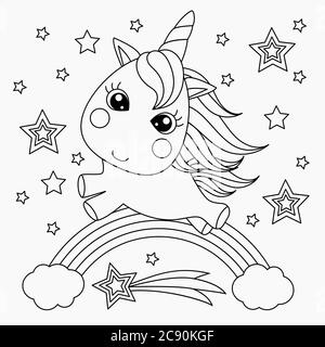 Little unicorn on a rainbow. Fantastic animal. Design for children. Black and white illustrations for coloring, prints, posters. Vector image Stock Vector
