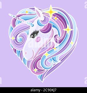 Cute rainbow unicorn with a long mane on a gray background. Stylized in the shape of a heart. For design, prints, posters, cards and so on. Vector ill Stock Vector