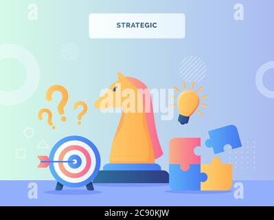Chess horse character nearby puzzle arrow on target bulb lamp strategic concept with flat style. Stock Vector