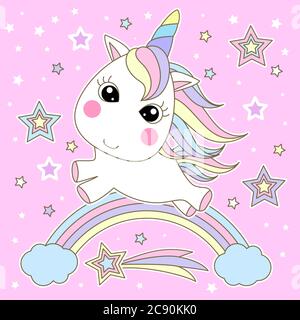 Cute unicorn on a rainbow with stars on a pink background. Fantasy animal. For children's design prints, posters, cards and so on. Vector Stock Vector