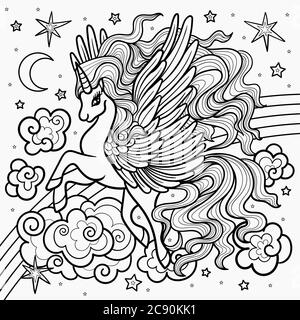 Beautiful, winged unicorn on a rainbow. Black and white illustration for coloring. For the design of prints, posters, tattoos, etc.Vector Stock Vector
