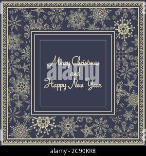 Christmas card with snowflakes on dark blue background. Merry Christmas, Happy New Year greeting card with frame. Beautiful design and layout. Vector. Stock Vector