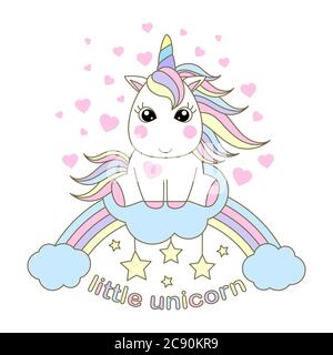 White, cartoon unicorn sitting on a rainbow. Text: Little Unicorn. For children's design. prints, posters, cards and so on. Vector Stock Vector