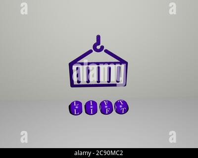 3D representation of lift with icon on the wall and text arranged by metallic cubic letters on a mirror floor for concept meaning and slideshow presentation. illustration and background Stock Photo