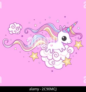 Cute little unicorn with a long mane. Cartoon children's illustration. For the design of prints, posters, postcards, etc. vector Stock Vector