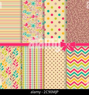 Collection of 8 vintage colorful geometric and flower seamless patterns. Vintage decorative elements. Vector illustration Stock Vector