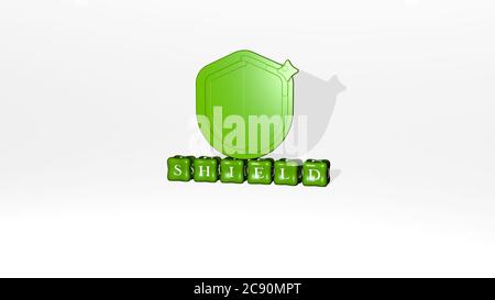 3D graphical image of shield vertically along with text built by metallic cubic letters from the top perspective, excellent for the concept presentation and slideshows. illustration and icon Stock Photo