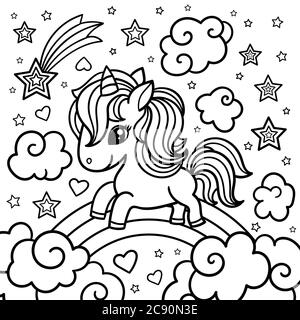 Cute fantasy unicorn on a rainbow among the clouds. Black and white. For children's design prints, posters, coloring books. tattoo and so on. Vector Stock Vector