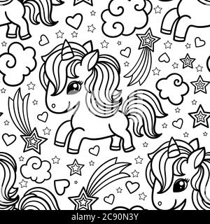 Seamless pattern with little unicorns. Black and white. children's design. For the design of fabric, wrapping paper, prints, coloring books, etc. Vect Stock Vector