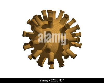 Coronavirus made of wood in 3D illustration of bright texture with lighting and shadows on a white background showing sticky arms Stock Photo