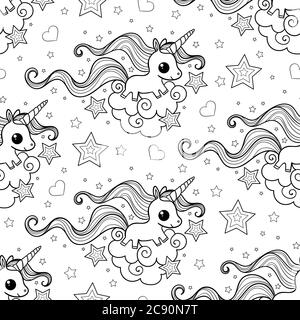 Seamless pattern with cute unicorns. Black and white. A charming image of an animal. For the design of prints, wallpaper, wrapping paper, scrapbooking Stock Vector