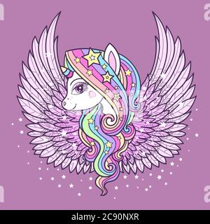Beautiful rainbow unicorn with wings. Fantastic animal. For the design of prints, posters, cards, tattoos, etc. Vector Stock Vector