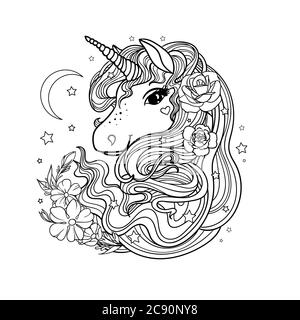 Unicorn and flowers, hand-drawn black-white illustration. Fentesian animal. For the design of tattoos, prints, posters, cards, stickers. coloring book Stock Vector