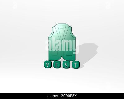 3D representation of VEST with icon on the wall and text arranged by metallic cubic letters on a mirror floor for concept meaning and slideshow presentation. background and illustration Stock Photo