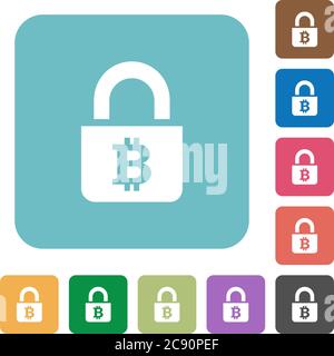 Locked Bitcoins flat icons on simple color square background. Stock Vector