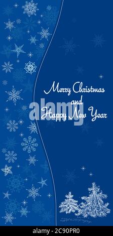 Christmas card with snowflakes on dark blue background. Merry Christmas, Happy New Year greeting card with frame. Beautiful design and layout. Vector. Stock Vector