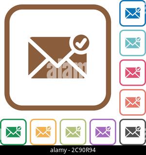 Mail sent simple icons in color rounded square frames on white background Stock Vector