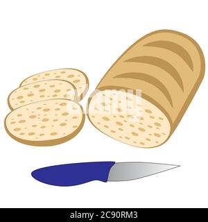 Sliced loaf slices and knife isolated on white background. Stock Vector