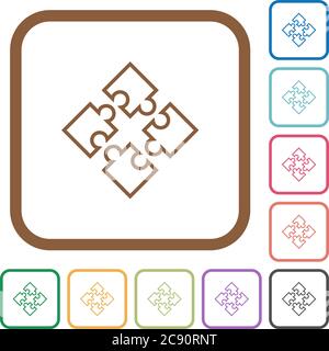 Puzzle pieces simple icons in color rounded square frames on white background Stock Vector