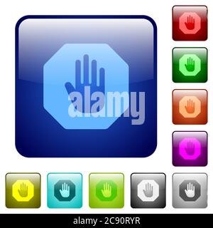 Stop sign color glass rounded square button set Stock Vector