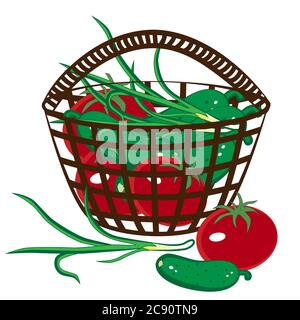 Fresh summer vegetables in a basket isolated white background. Stock Vector