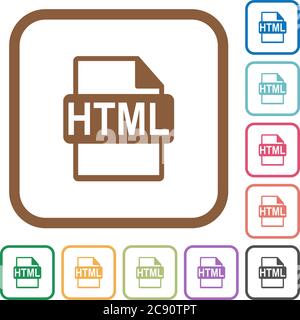 HTML file format simple icons in color rounded square frames on white background Stock Vector
