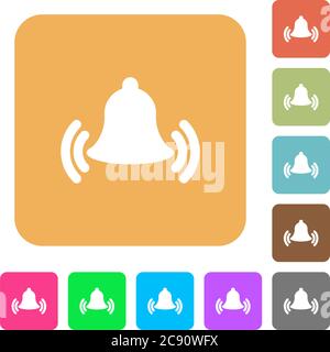 Ringing bell icons on rounded square vivid color backgrounds. Stock Vector