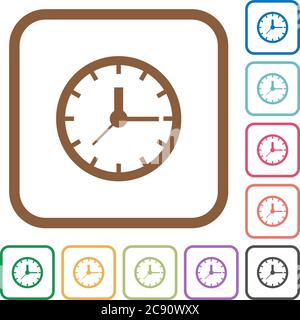 Clock simple icons in color rounded square frames on white background Stock Vector