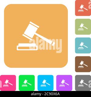 Auction hammer icons on rounded square vivid color backgrounds. Stock Vector