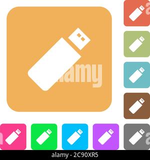 Pendrive icons on rounded square vivid color backgrounds. Stock Vector