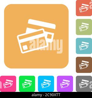 Credit cards icons on rounded square vivid color backgrounds. Stock Vector