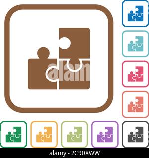 Puzzles simple icons in color rounded square frames on white background Stock Vector