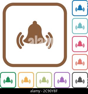 Ringing bell simple icons in color rounded square frames on white background Stock Vector
