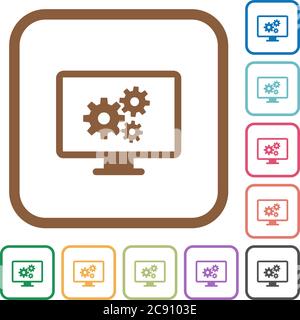 Screen settings simple icons in color rounded square frames on white background Stock Vector