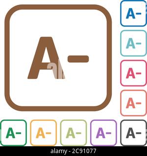Decrease font size simple icons in color rounded square frames on white background Stock Vector