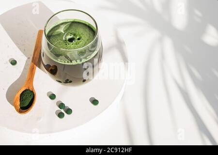 Spirulina or chlorella. Green food supplement. Stock Photo