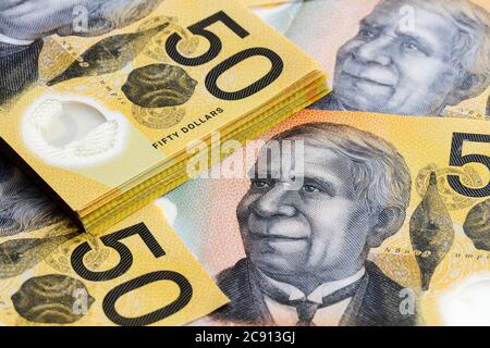 Australian money background.  Fifty dollar notes. Stock Photo