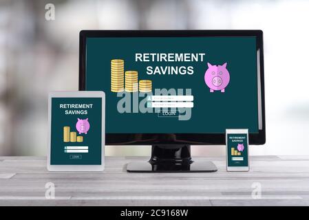 Retirement savings concept shown on different information technology devices Stock Photo