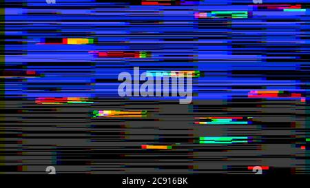 Horizontal distortion of broken video image on black background, VHS effect, glitch digital color pixel noise. Stock abstract pixel background glitch Stock Photo