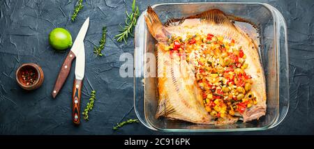 Plaice flounder or flat-fish baked with vegetables.Fried fish with vegetable filling Stock Photo